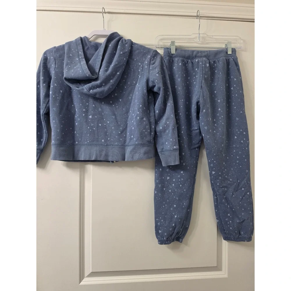 Gap Kids Blue Heart Print Tracksuit Set Zip Hoodie M 8 Joggers L 10 2PC Outfit